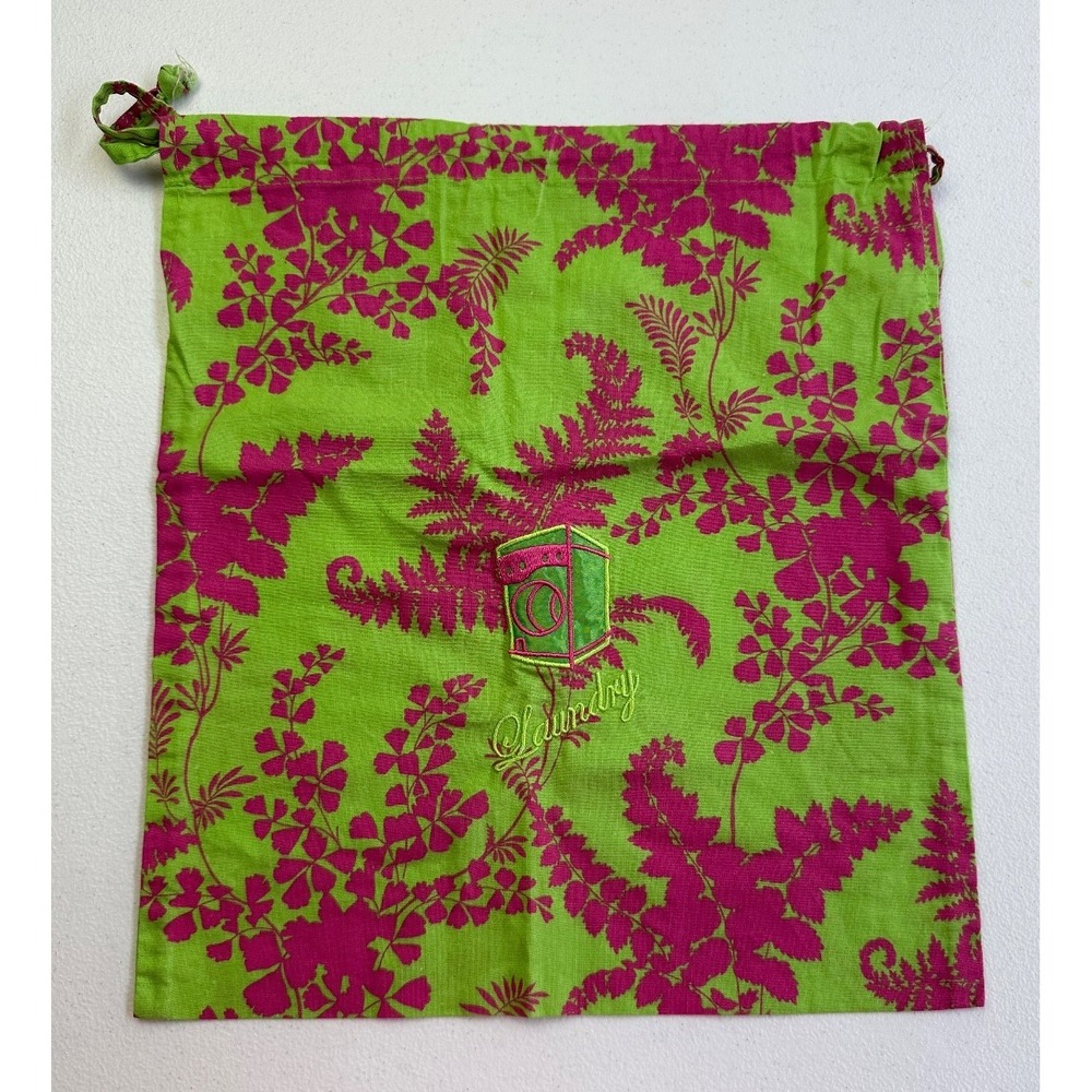 Once Upon A Rose Pink Green Print Drawstring Laundry Bag 12x14 Embroidered